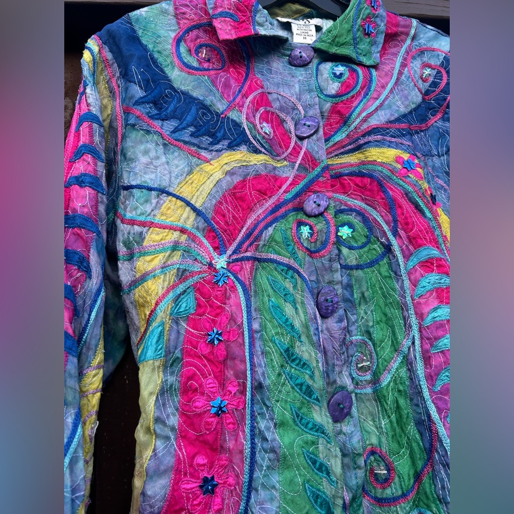 VINTAGE ANAGE Silk Appliqué Patchwork Jacket Lagenlook Art Wear 90s Funky Size M - Picture 5 of 16